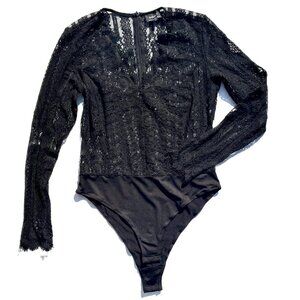 Women’s Bardot Black Lace Long Sleeve Bodysuit, V-Neck Size US 10/L